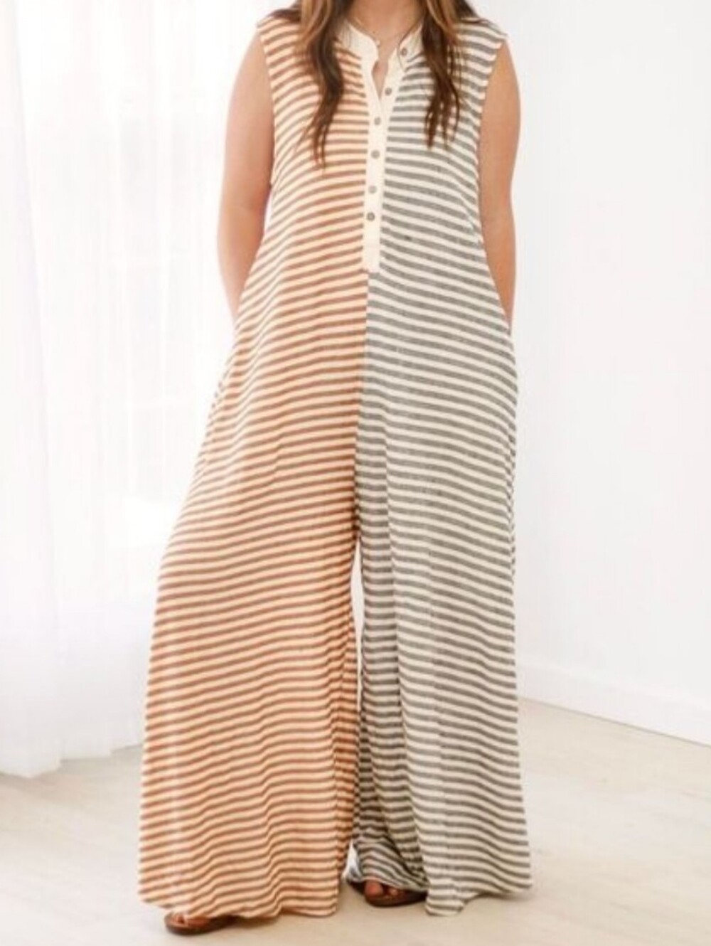 BUCKETLIST Two-Tone Striped Sleeveless Wide-Leg Jumpsuit - Tan & Gray